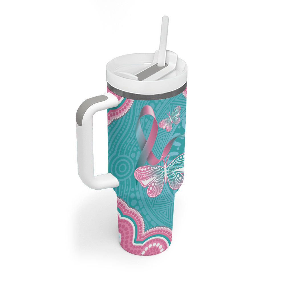Hereditary And Gynecologic Cancer Support Tumbler With Handle Teal Pink Ribbon Aboriginal Art