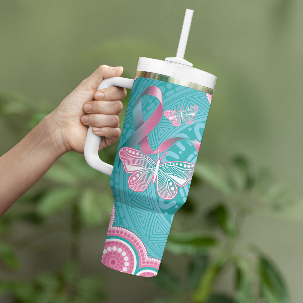 Hereditary And Gynecologic Cancer Support Tumbler With Handle Teal Pink Ribbon Aboriginal Art