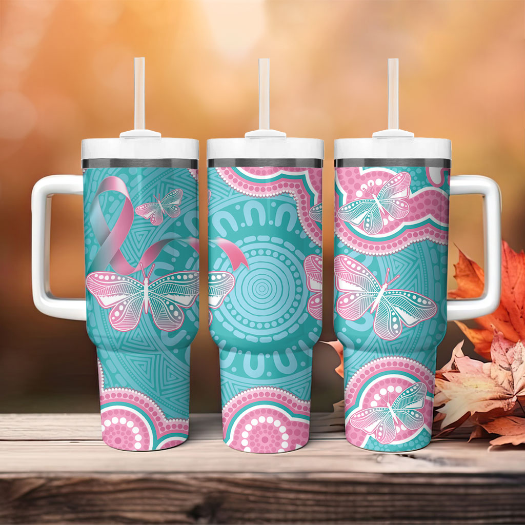 Hereditary And Gynecologic Cancer Support Tumbler With Handle Teal Pink Ribbon Aboriginal Art