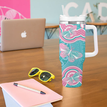 Hereditary And Gynecologic Cancer Support Tumbler With Handle Teal Pink Ribbon Aboriginal Art