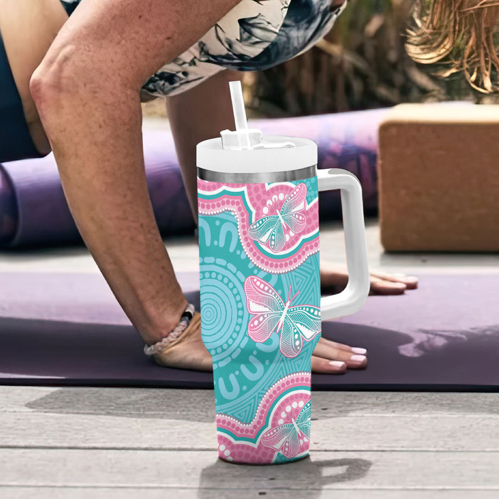 Hereditary And Gynecologic Cancer Support Tumbler With Handle Teal Pink Ribbon Aboriginal Art