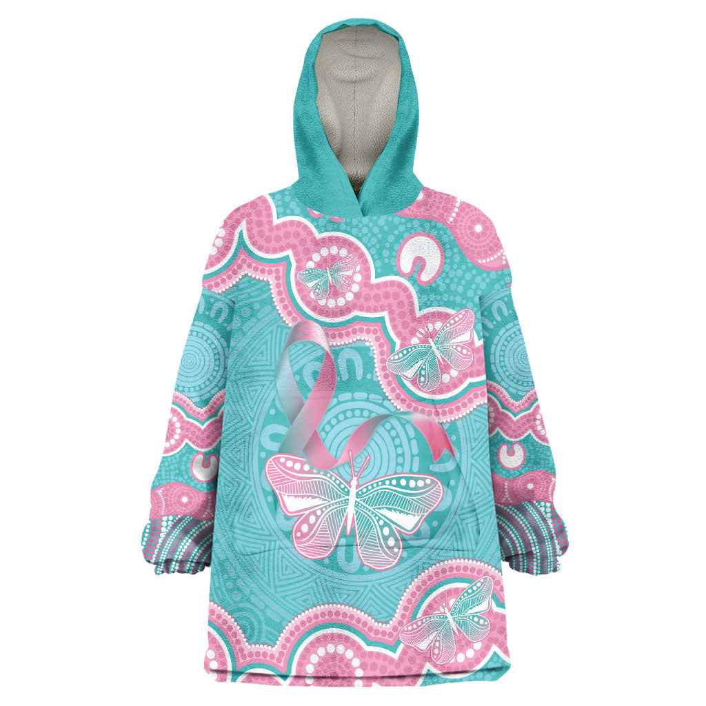 Hereditary And Gynecologic Cancer Support Wearable Blanket Hoodie Teal Pink Ribbon Aboriginal Art