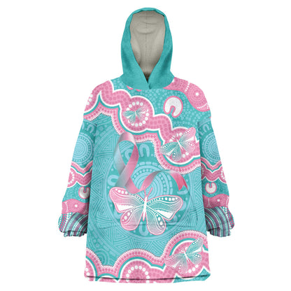Hereditary And Gynecologic Cancer Support Wearable Blanket Hoodie Teal Pink Ribbon Aboriginal Art