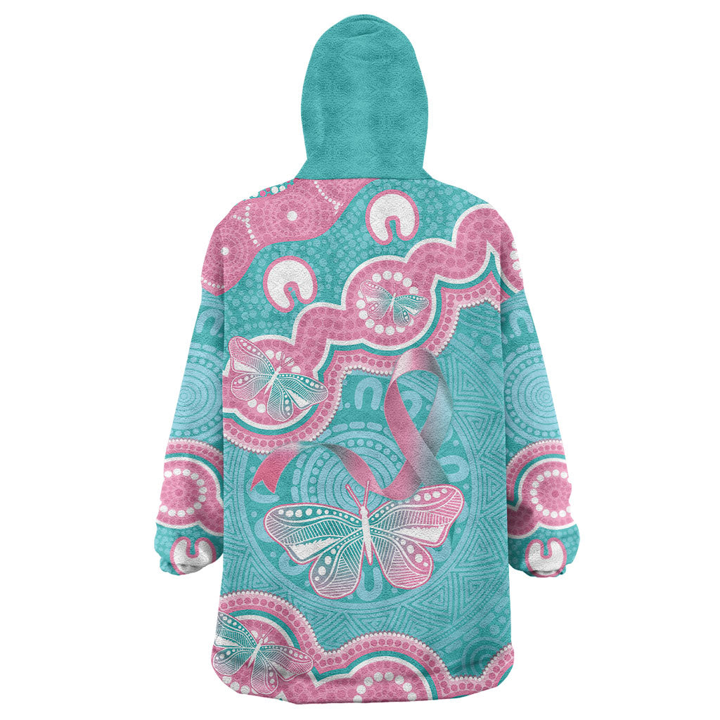 Hereditary And Gynecologic Cancer Support Wearable Blanket Hoodie Teal Pink Ribbon Aboriginal Art