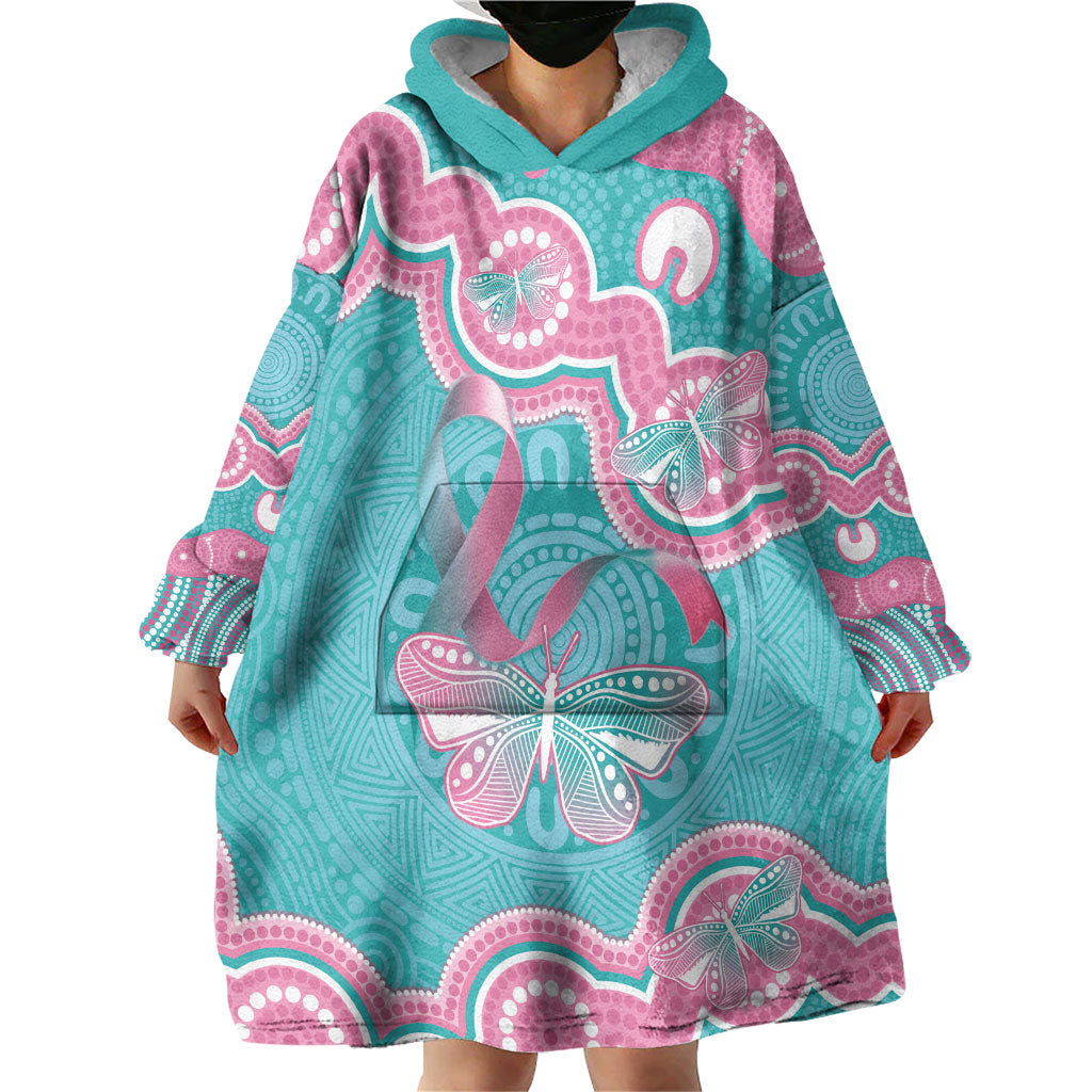 Hereditary And Gynecologic Cancer Support Wearable Blanket Hoodie Teal Pink Ribbon Aboriginal Art