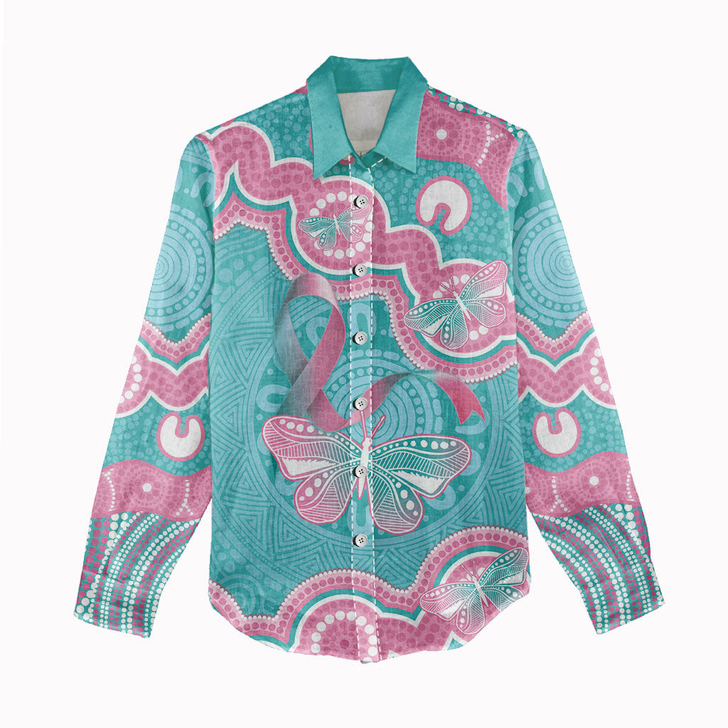 Hereditary And Gynecologic Cancer Support Women Casual Shirt Teal Pink Ribbon Aboriginal Art