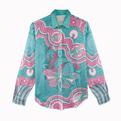 Hereditary And Gynecologic Cancer Support Women Casual Shirt Teal Pink Ribbon Aboriginal Art