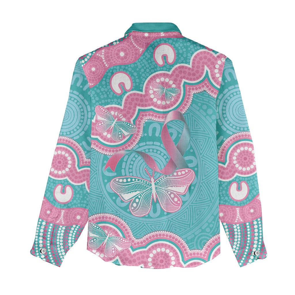 Hereditary And Gynecologic Cancer Support Women Casual Shirt Teal Pink Ribbon Aboriginal Art