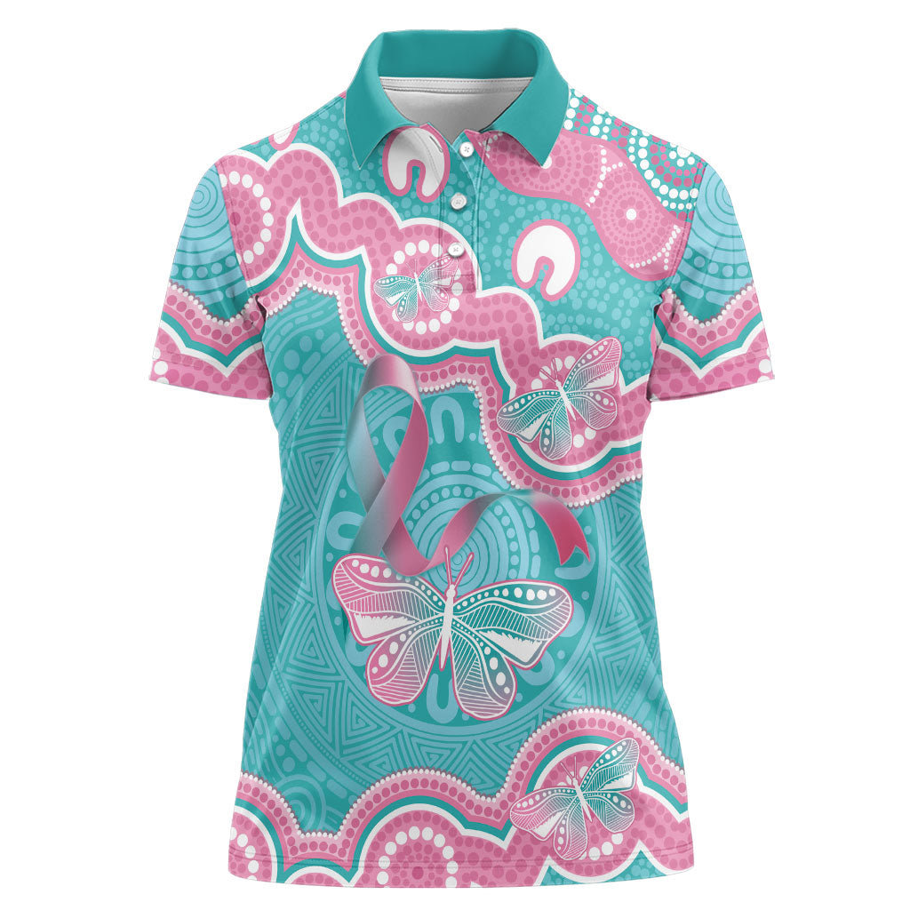Hereditary And Gynecologic Cancer Support Women Polo Shirt Teal Pink Ribbon Aboriginal Art