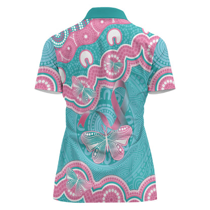Hereditary And Gynecologic Cancer Support Women Polo Shirt Teal Pink Ribbon Aboriginal Art