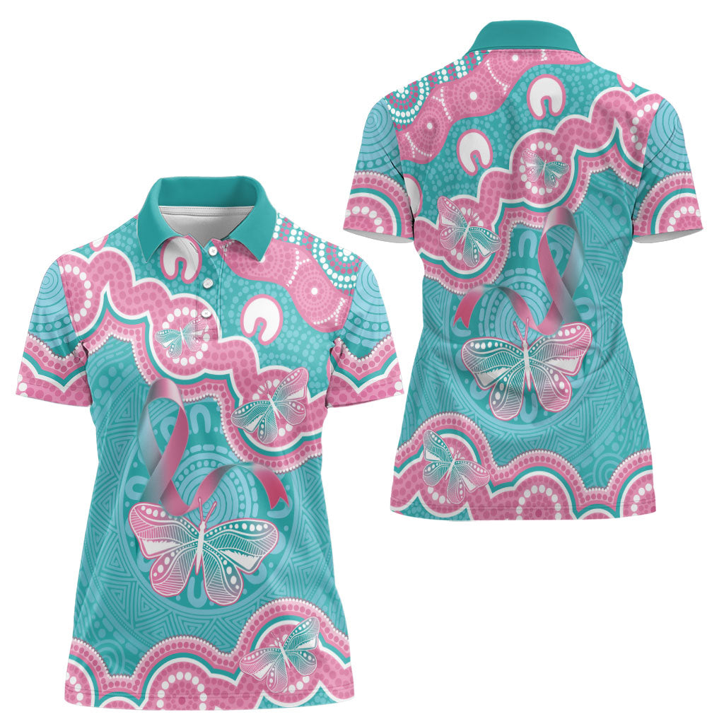 Hereditary And Gynecologic Cancer Support Women Polo Shirt Teal Pink Ribbon Aboriginal Art