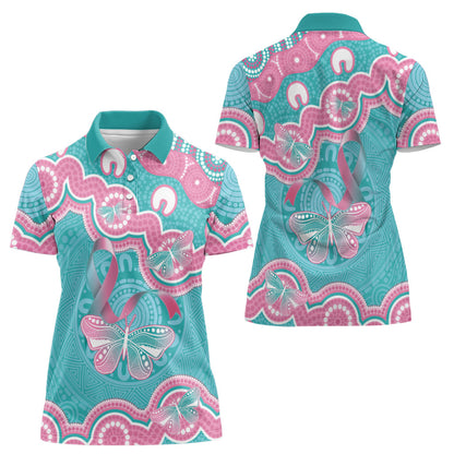 Hereditary And Gynecologic Cancer Support Women Polo Shirt Teal Pink Ribbon Aboriginal Art