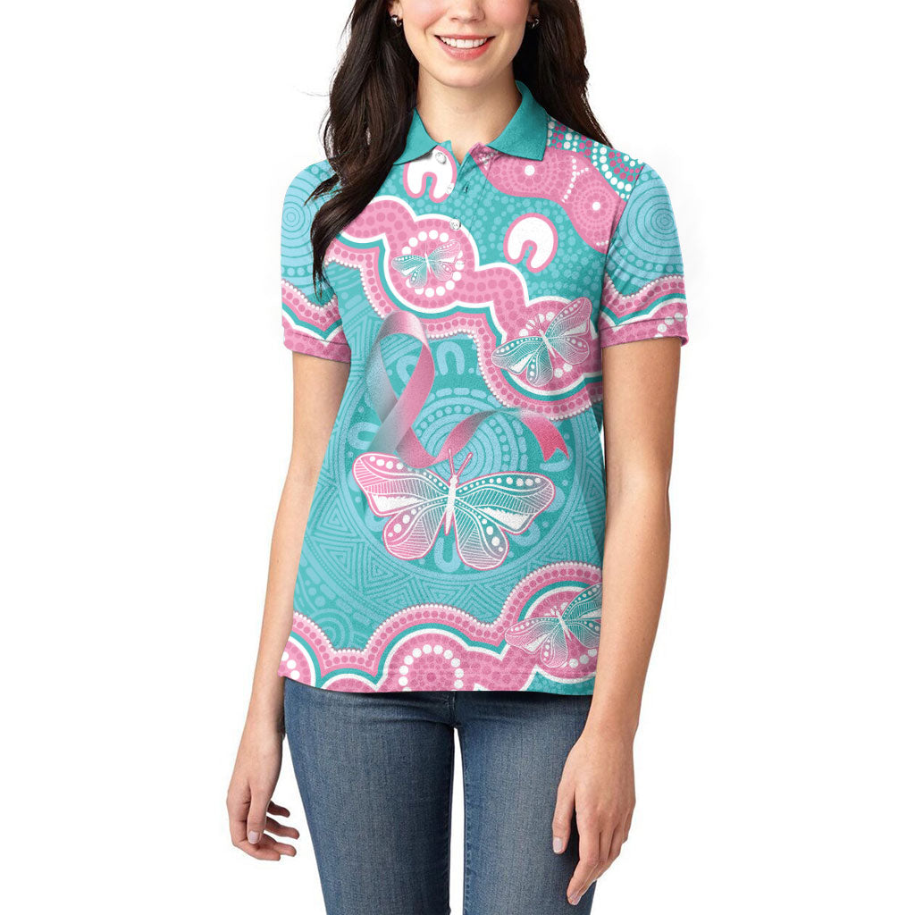 Hereditary And Gynecologic Cancer Support Women Polo Shirt Teal Pink Ribbon Aboriginal Art