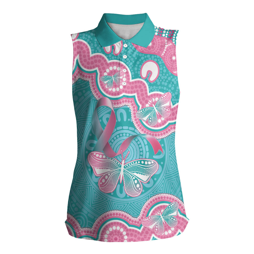 Hereditary And Gynecologic Cancer Support Women Sleeveless Polo Shirt Teal Pink Ribbon Aboriginal Art