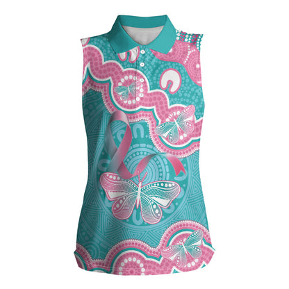 Hereditary And Gynecologic Cancer Support Women Sleeveless Polo Shirt Teal Pink Ribbon Aboriginal Art