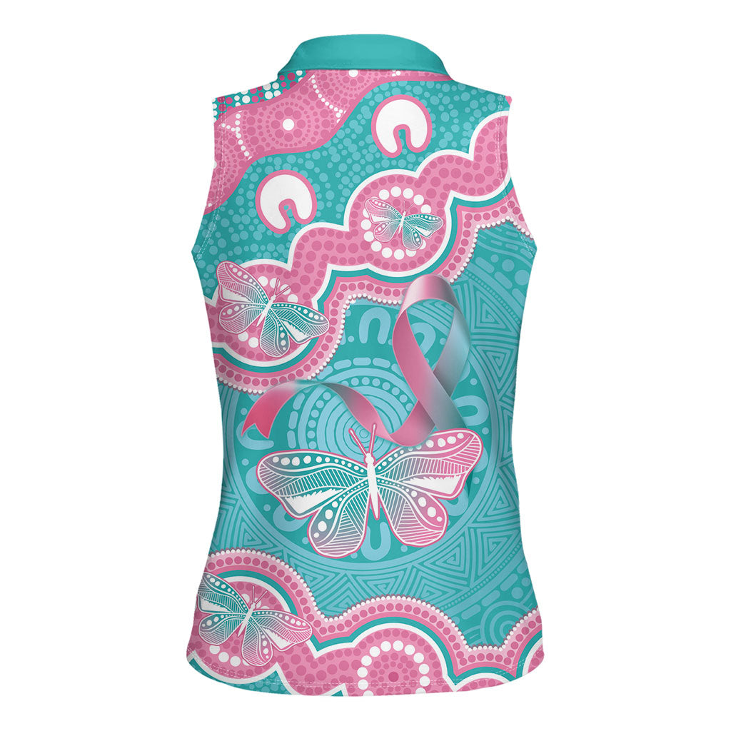 Hereditary And Gynecologic Cancer Support Women Sleeveless Polo Shirt Teal Pink Ribbon Aboriginal Art