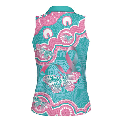 Hereditary And Gynecologic Cancer Support Women Sleeveless Polo Shirt Teal Pink Ribbon Aboriginal Art