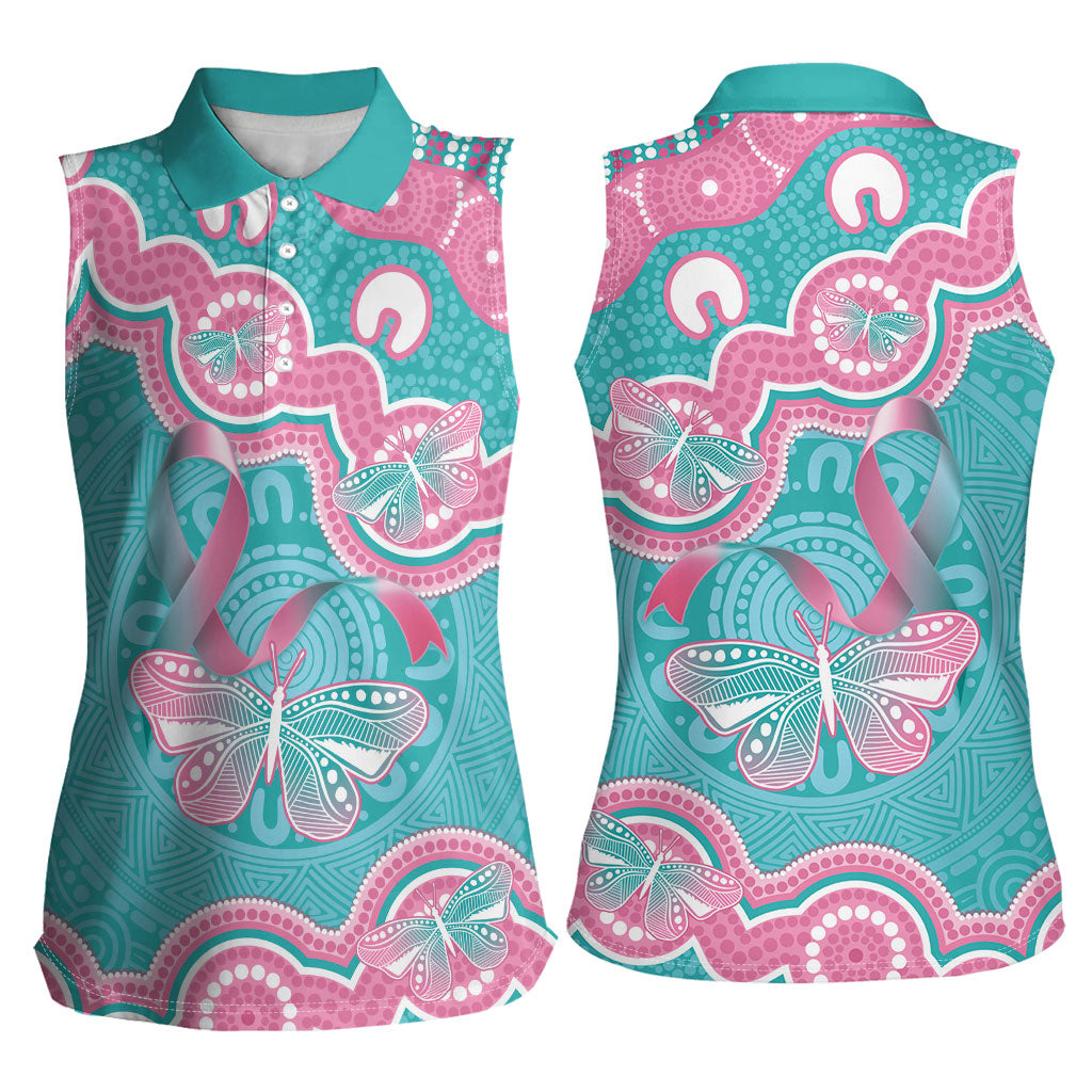 Hereditary And Gynecologic Cancer Support Women Sleeveless Polo Shirt Teal Pink Ribbon Aboriginal Art