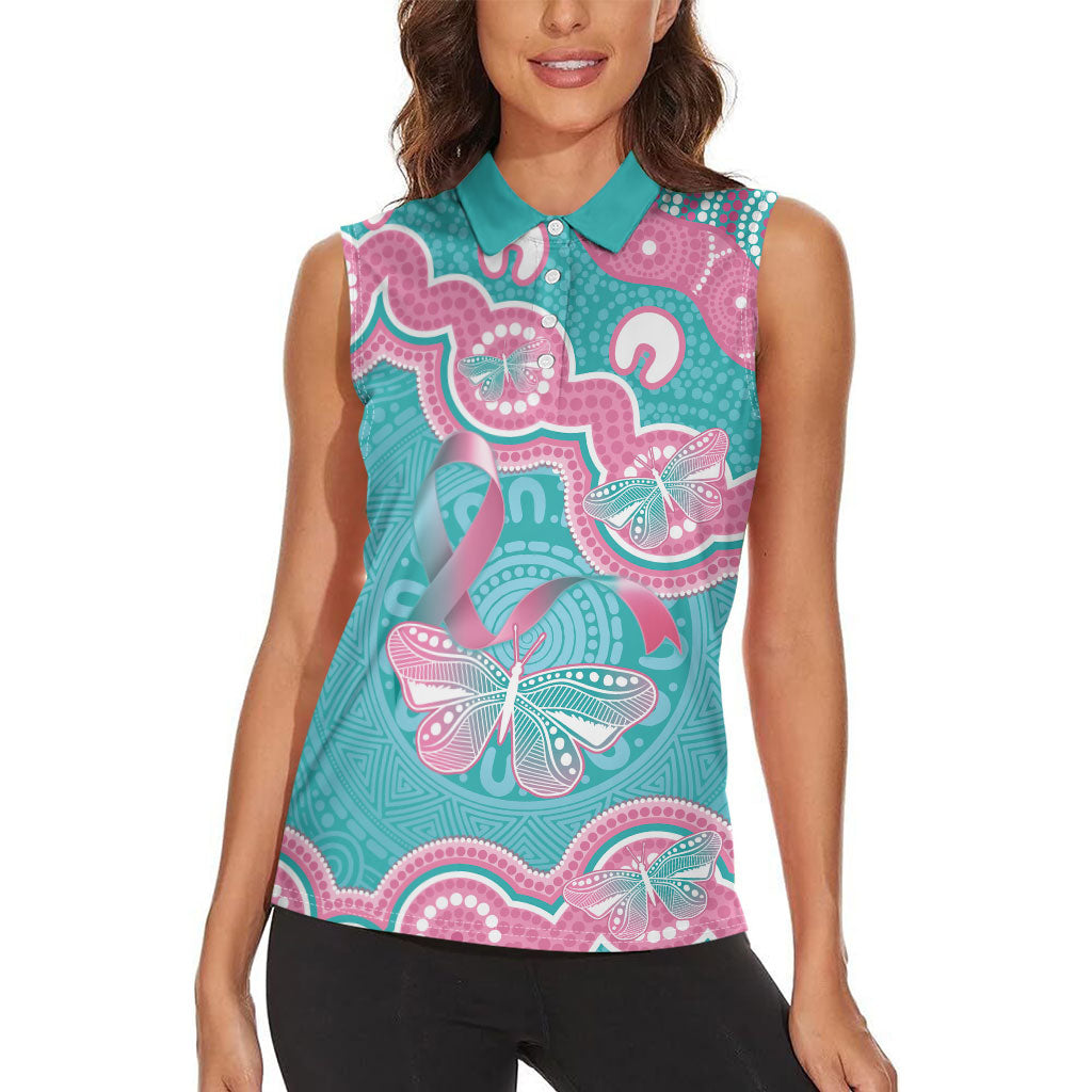 Hereditary And Gynecologic Cancer Support Women Sleeveless Polo Shirt Teal Pink Ribbon Aboriginal Art