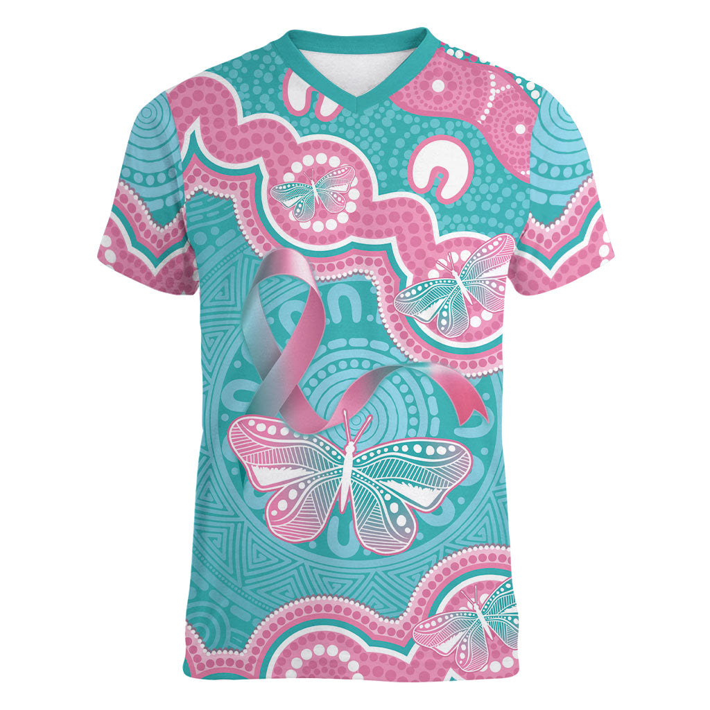 Hereditary And Gynecologic Cancer Support Women V-Neck T-Shirt Teal Pink Ribbon Aboriginal Art