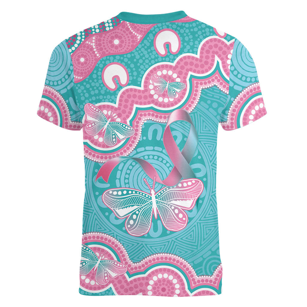 Hereditary And Gynecologic Cancer Support Women V-Neck T-Shirt Teal Pink Ribbon Aboriginal Art