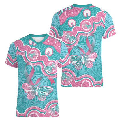 Hereditary And Gynecologic Cancer Support Women V-Neck T-Shirt Teal Pink Ribbon Aboriginal Art