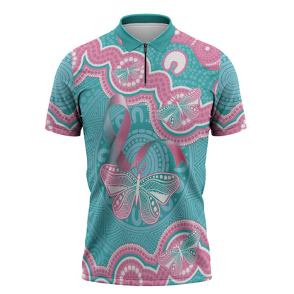 Hereditary And Gynecologic Cancer Support Zipper Polo Shirt Teal Pink Ribbon Aboriginal Art