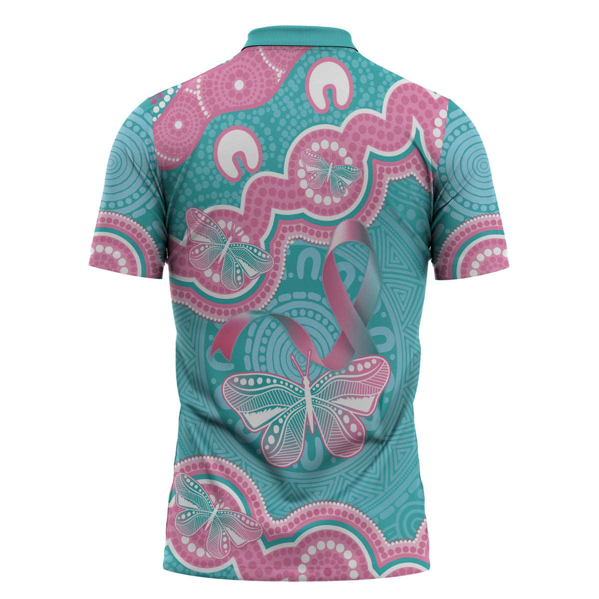 Hereditary And Gynecologic Cancer Support Zipper Polo Shirt Teal Pink Ribbon Aboriginal Art