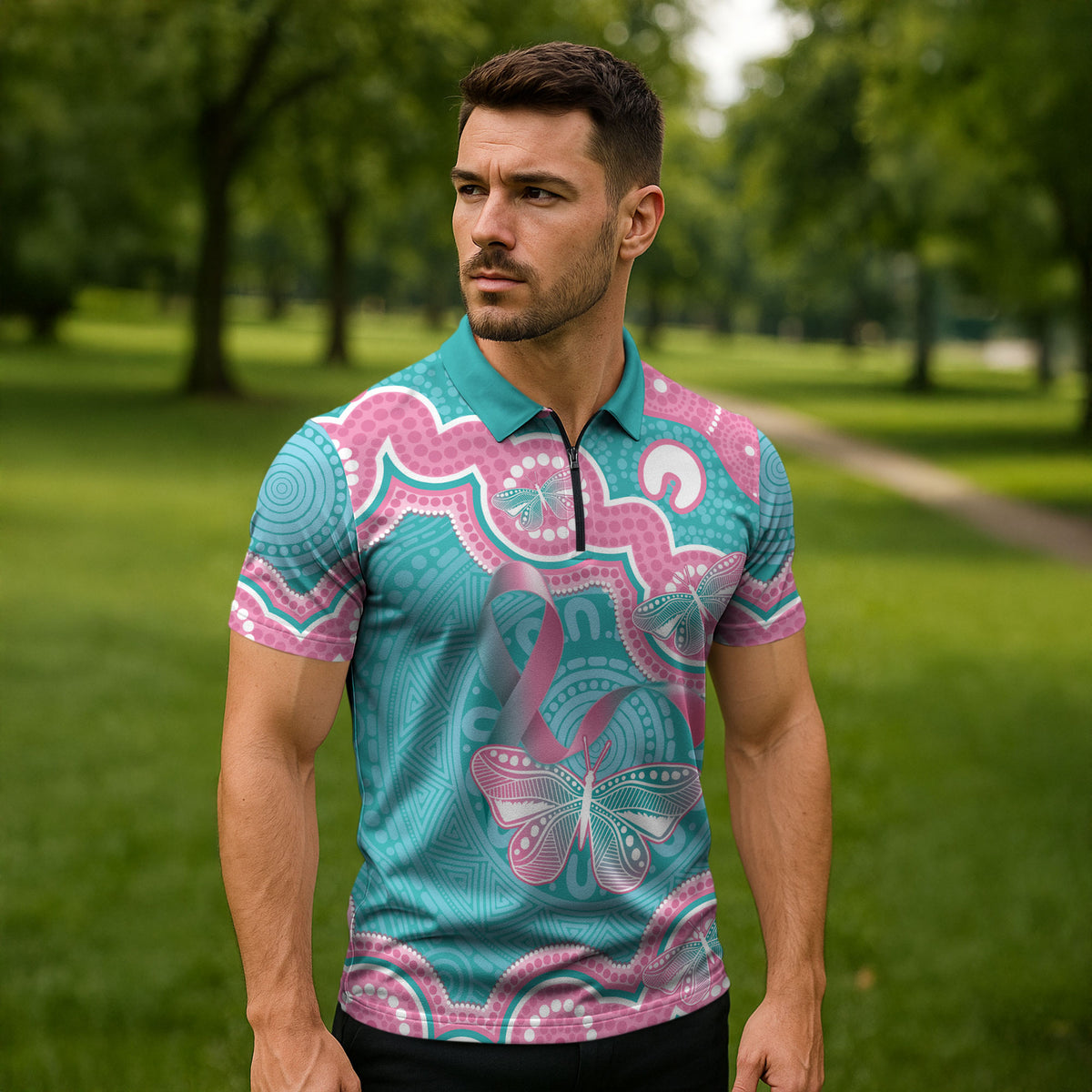 Hereditary And Gynecologic Cancer Support Zipper Polo Shirt Teal Pink Ribbon Aboriginal Art