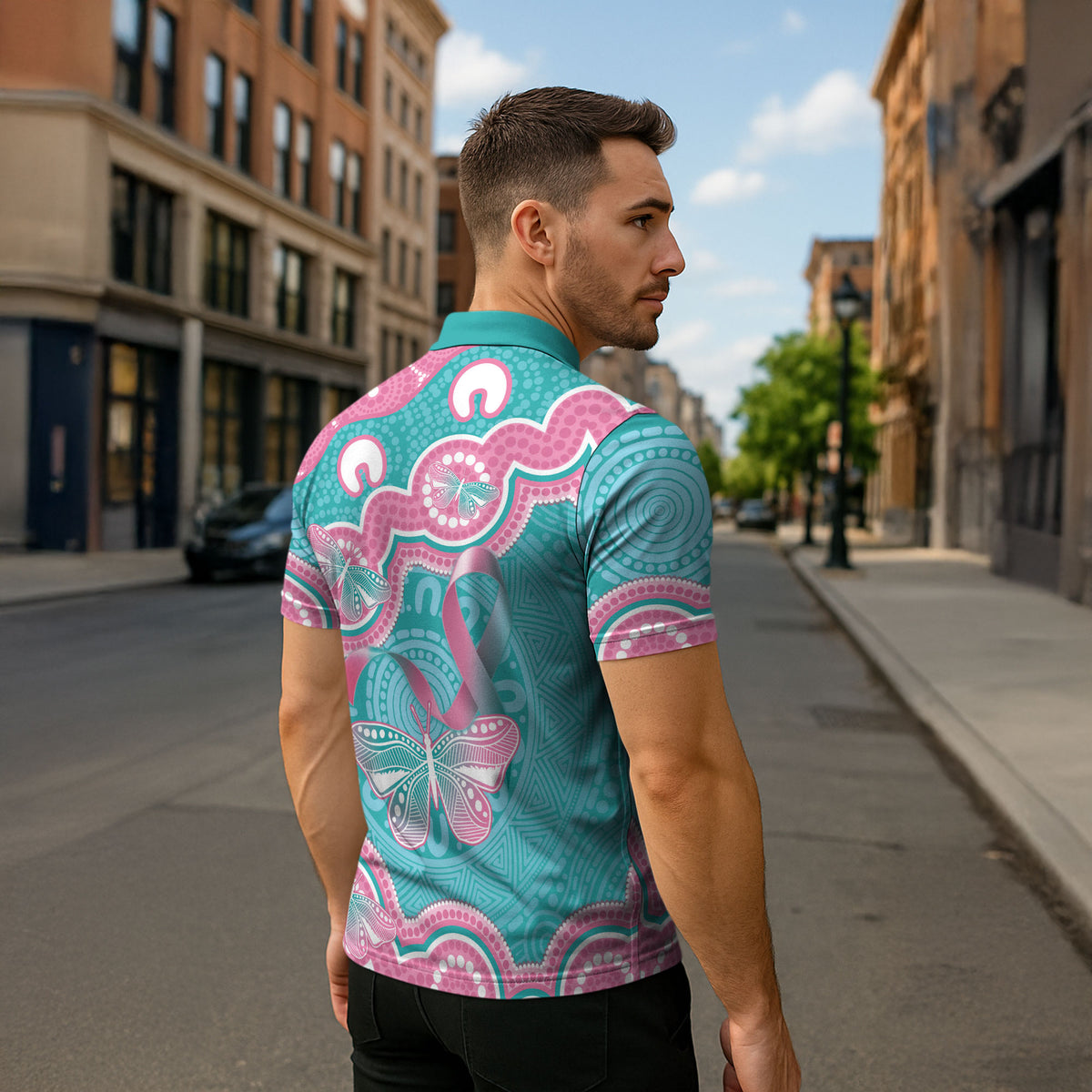Hereditary And Gynecologic Cancer Support Zipper Polo Shirt Teal Pink Ribbon Aboriginal Art