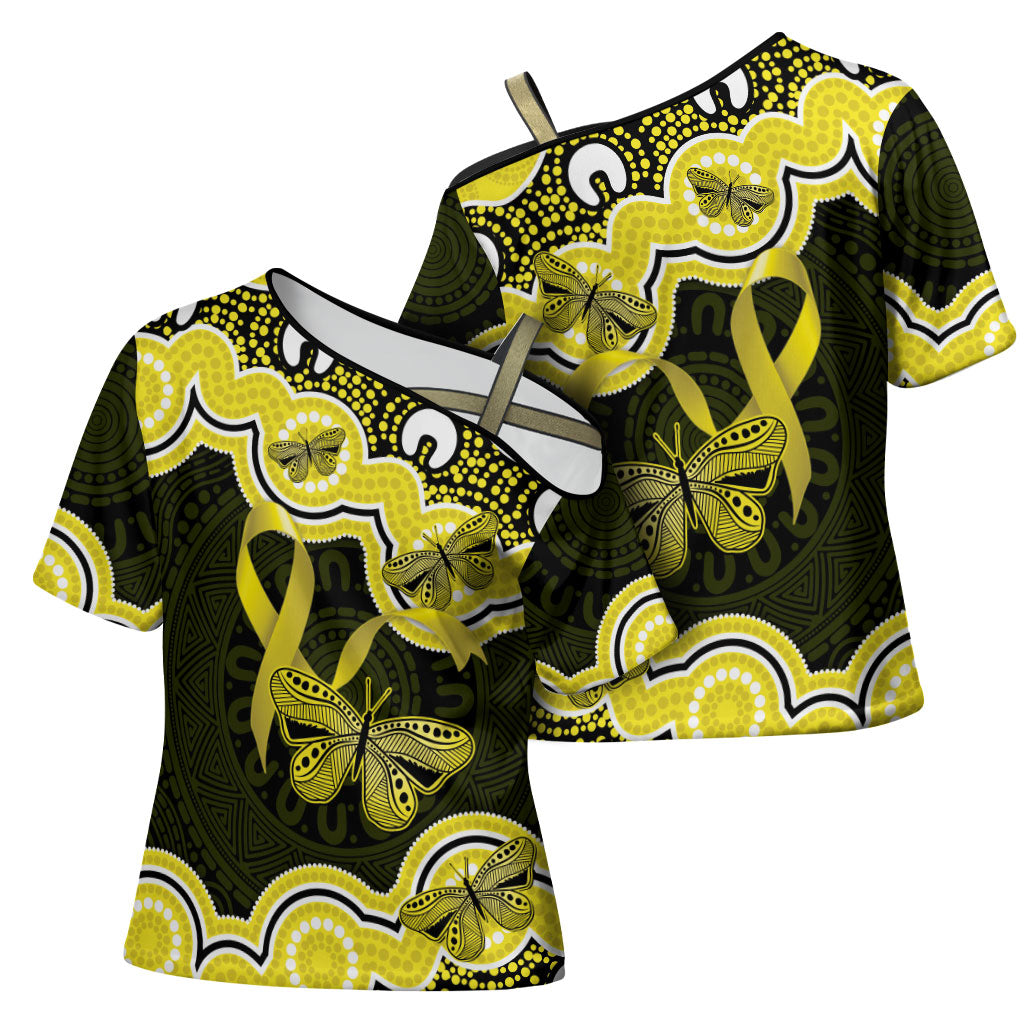 Yellow Ribbon Sarcoma Support Cross Shoulder Shirt Aboriginal Art