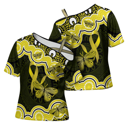 Yellow Ribbon Sarcoma Support Cross Shoulder Shirt Aboriginal Art