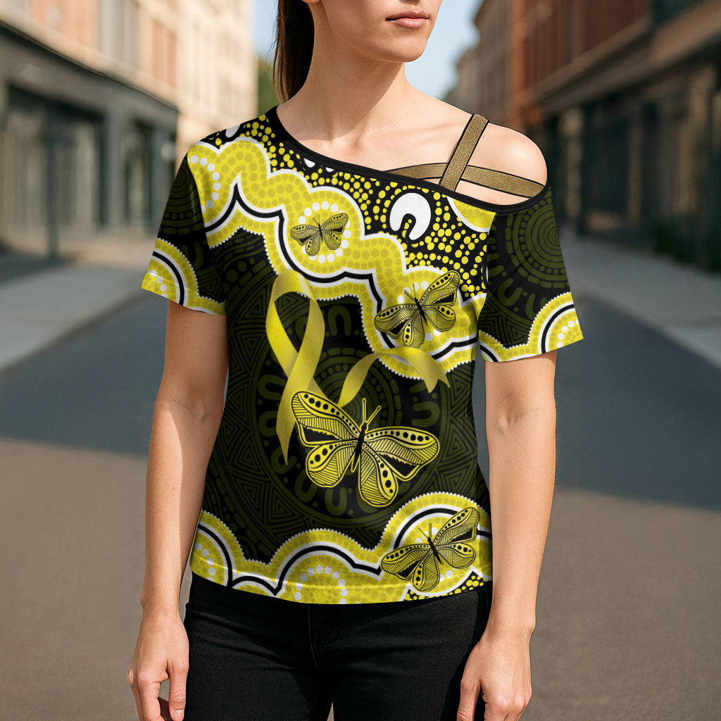 Yellow Ribbon Sarcoma Support Cross Shoulder Shirt Aboriginal Art