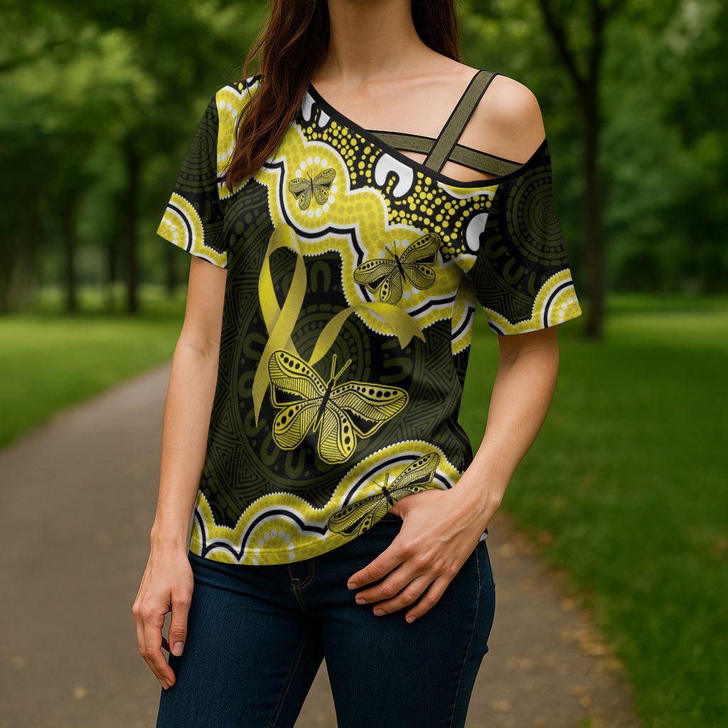 Yellow Ribbon Sarcoma Support Cross Shoulder Shirt Aboriginal Art