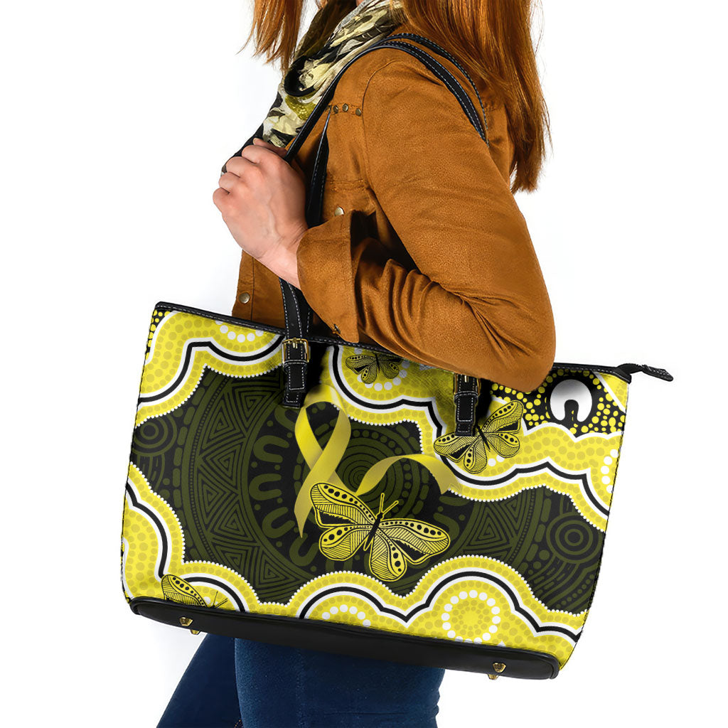 Yellow Ribbon Sarcoma Support Leather Tote Bag Aboriginal Art