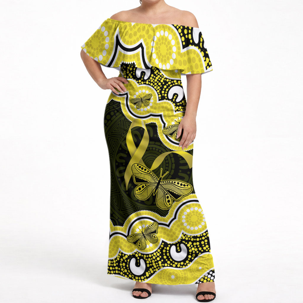 Yellow Ribbon Sarcoma Support Off Shoulder Maxi Dress Aboriginal Art