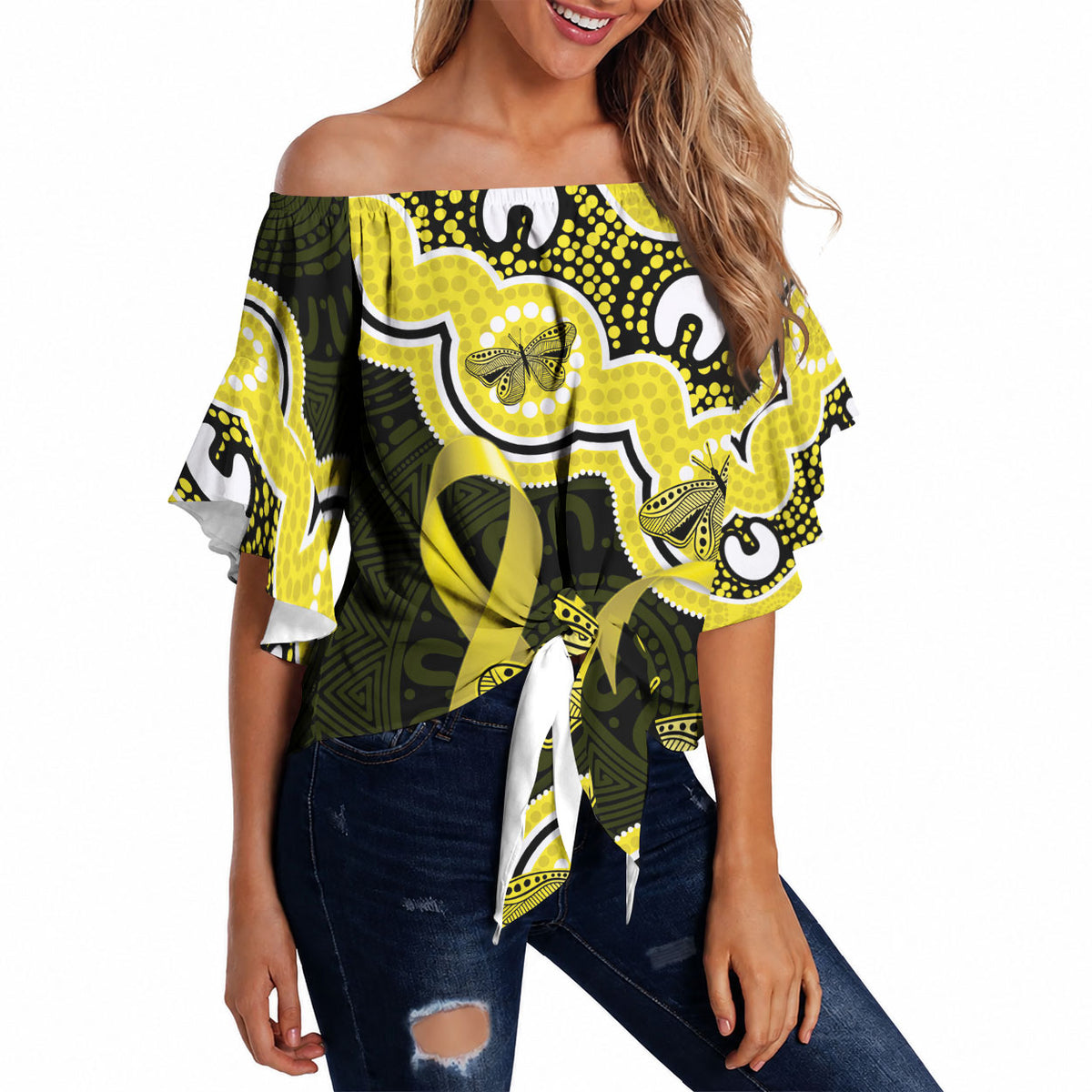 Yellow Ribbon Sarcoma Support Off Shoulder Wrap Waist Top Aboriginal Art
