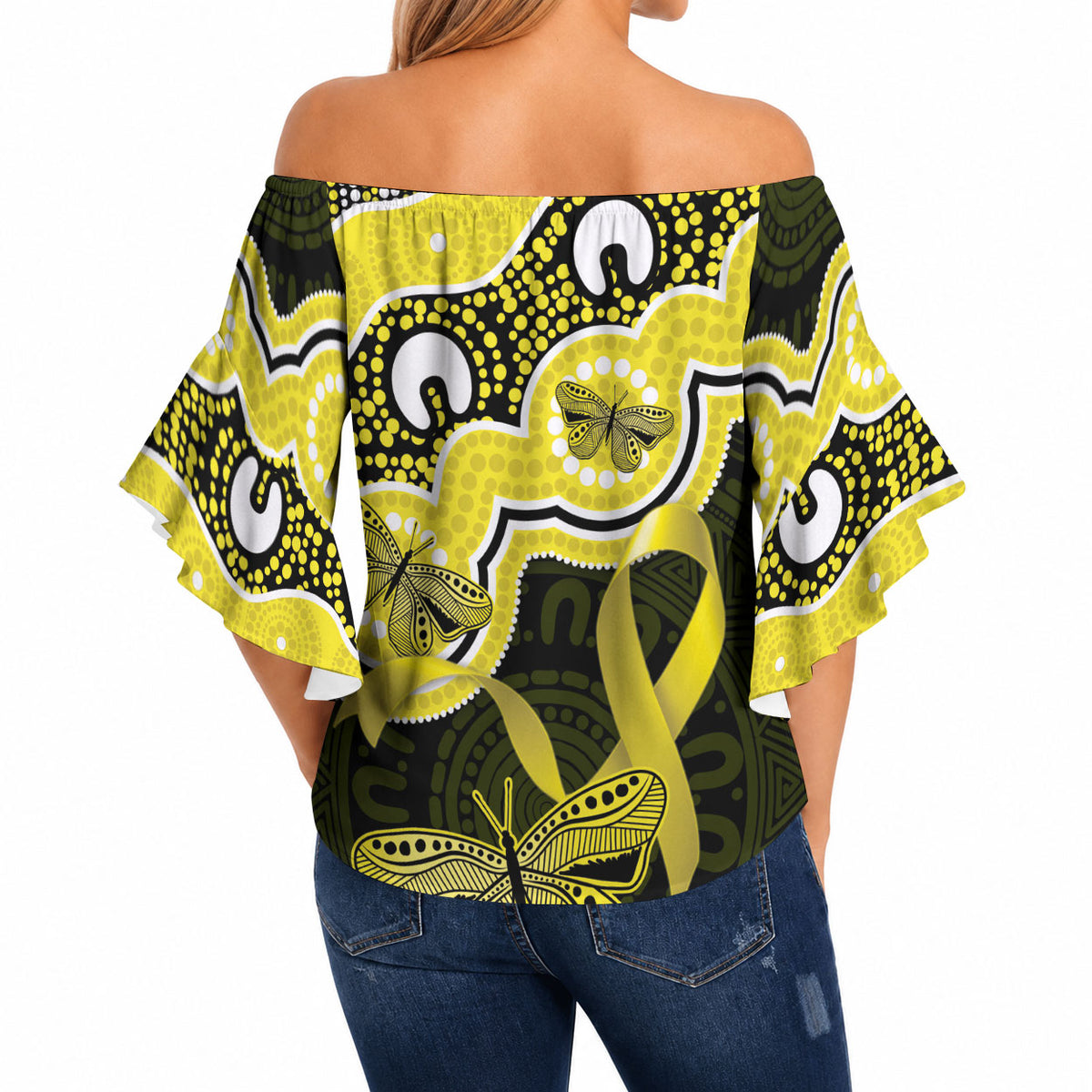 Yellow Ribbon Sarcoma Support Off Shoulder Wrap Waist Top Aboriginal Art