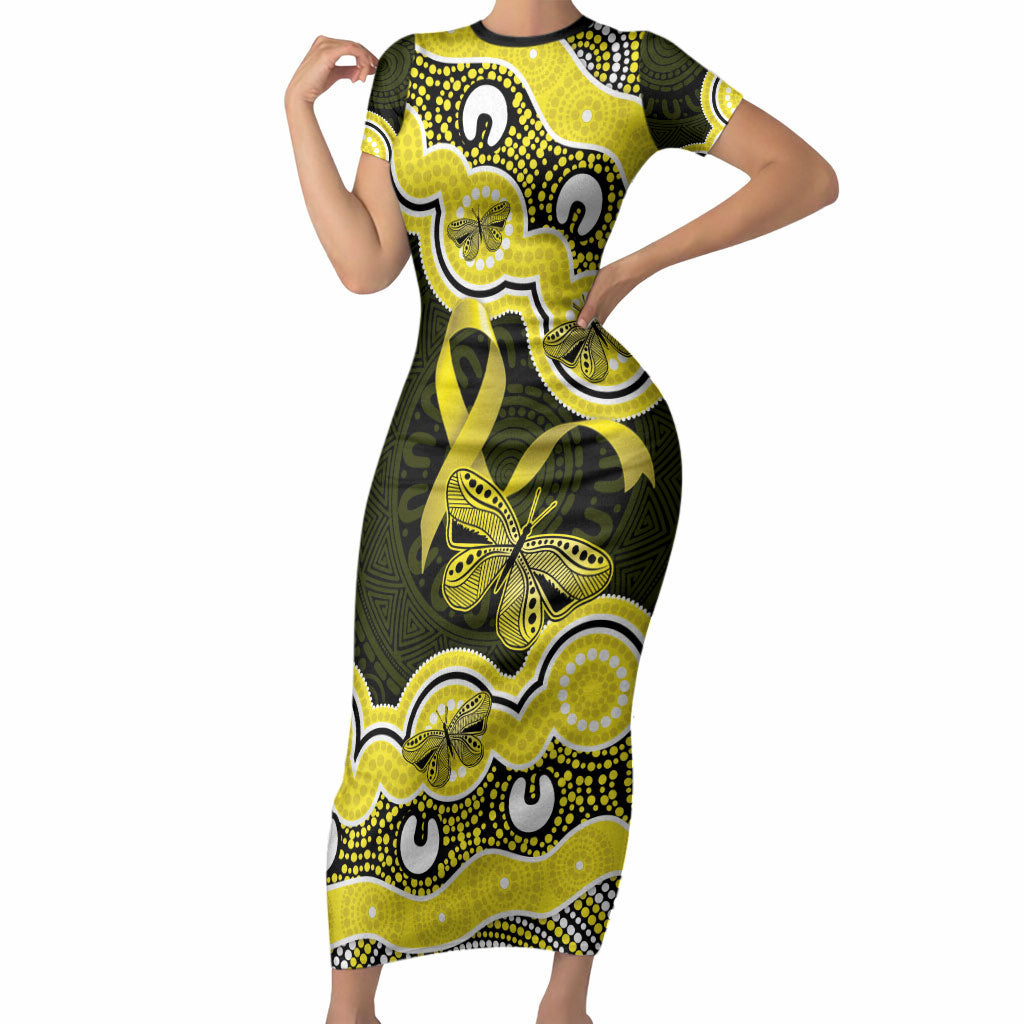 Yellow Ribbon Sarcoma Support Short Sleeve Bodycon Dress Aboriginal Art