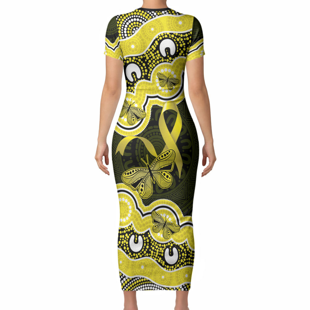 Yellow Ribbon Sarcoma Support Short Sleeve Bodycon Dress Aboriginal Art