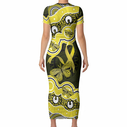 Yellow Ribbon Sarcoma Support Short Sleeve Bodycon Dress Aboriginal Art