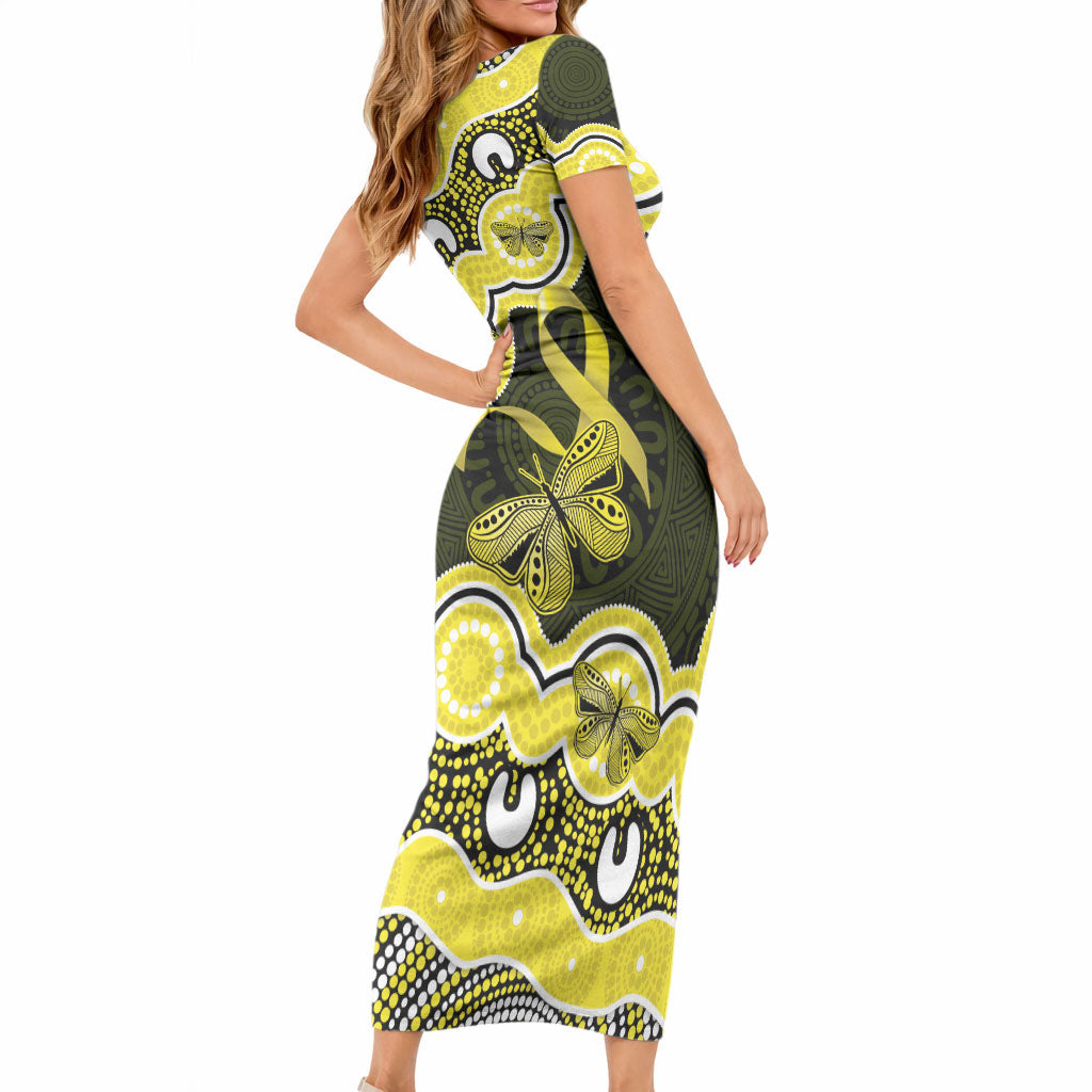 Yellow Ribbon Sarcoma Support Short Sleeve Bodycon Dress Aboriginal Art