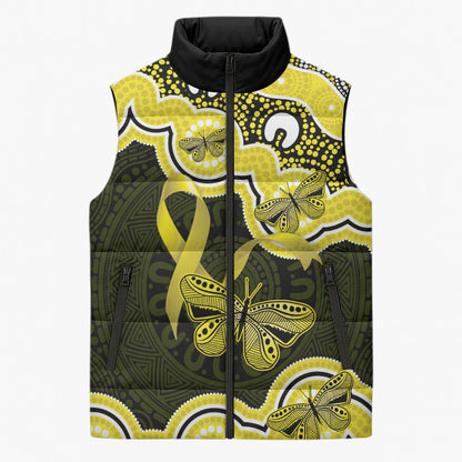 Yellow Ribbon Sarcoma Support Sleeveless Puffer Jacket Aboriginal Art