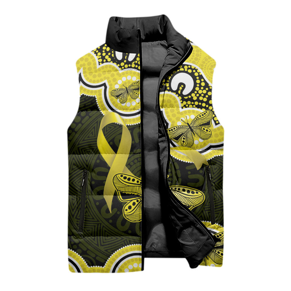 Yellow Ribbon Sarcoma Support Sleeveless Puffer Jacket Aboriginal Art