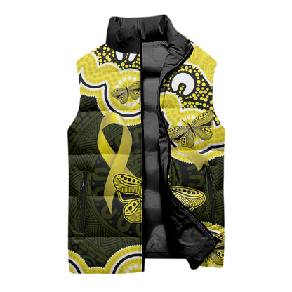 Yellow Ribbon Sarcoma Support Sleeveless Puffer Jacket Aboriginal Art