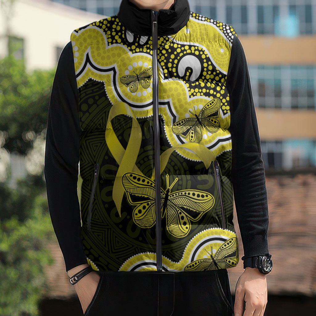 Yellow Ribbon Sarcoma Support Sleeveless Puffer Jacket Aboriginal Art