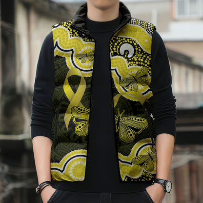 Yellow Ribbon Sarcoma Support Sleeveless Puffer Jacket Aboriginal Art