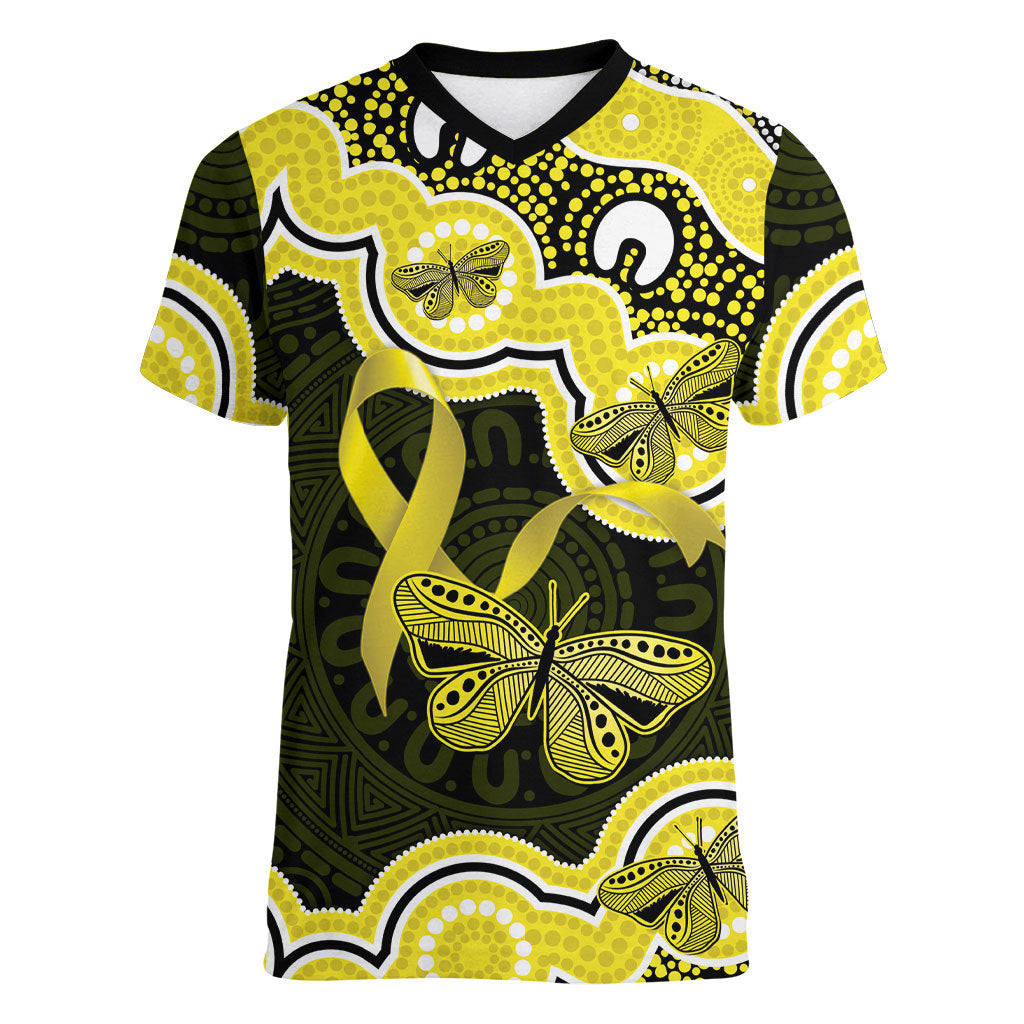 Yellow Ribbon Sarcoma Support Women V-Neck T-Shirt Aboriginal Art