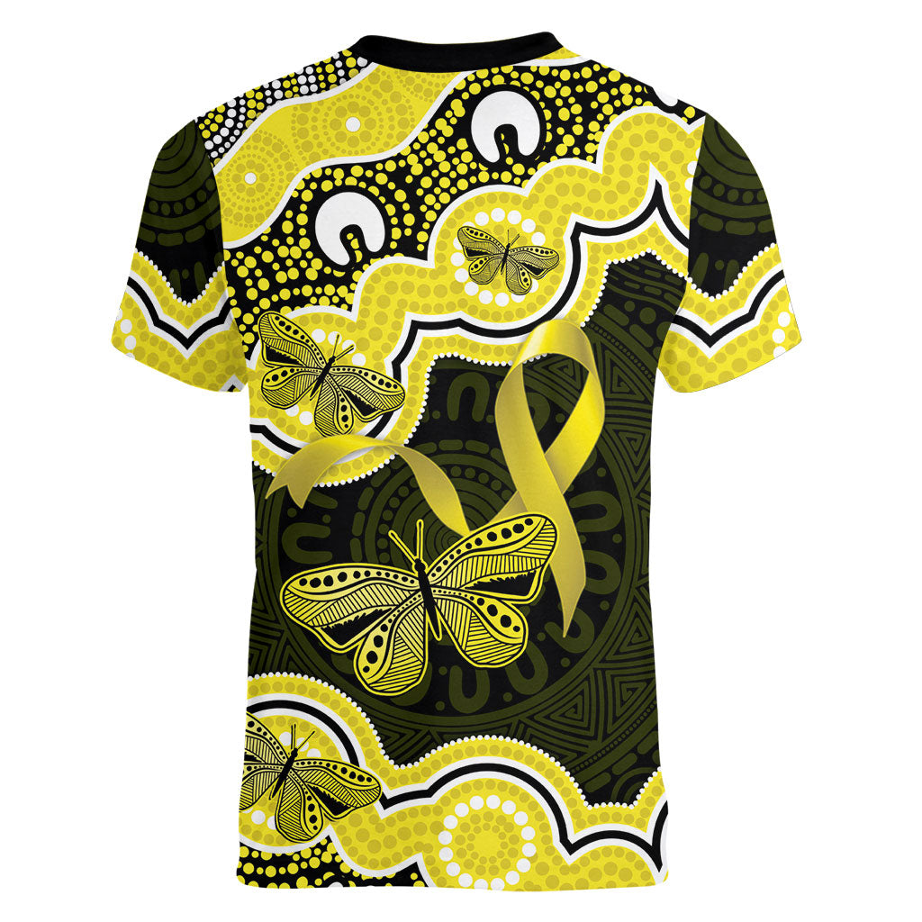 Yellow Ribbon Sarcoma Support Women V-Neck T-Shirt Aboriginal Art