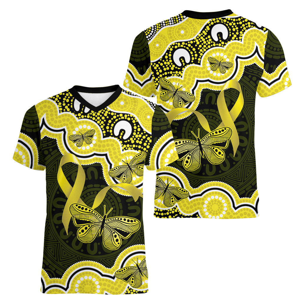 Yellow Ribbon Sarcoma Support Women V-Neck T-Shirt Aboriginal Art